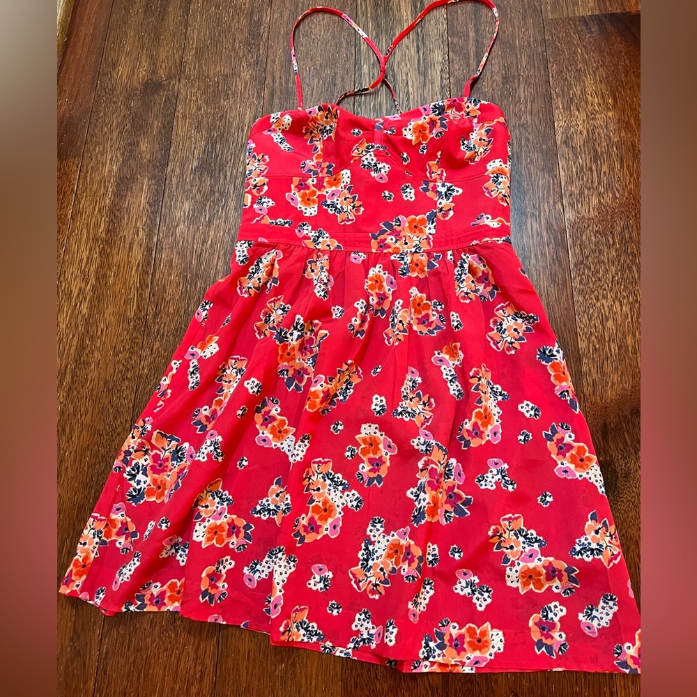 Coral, floral dress